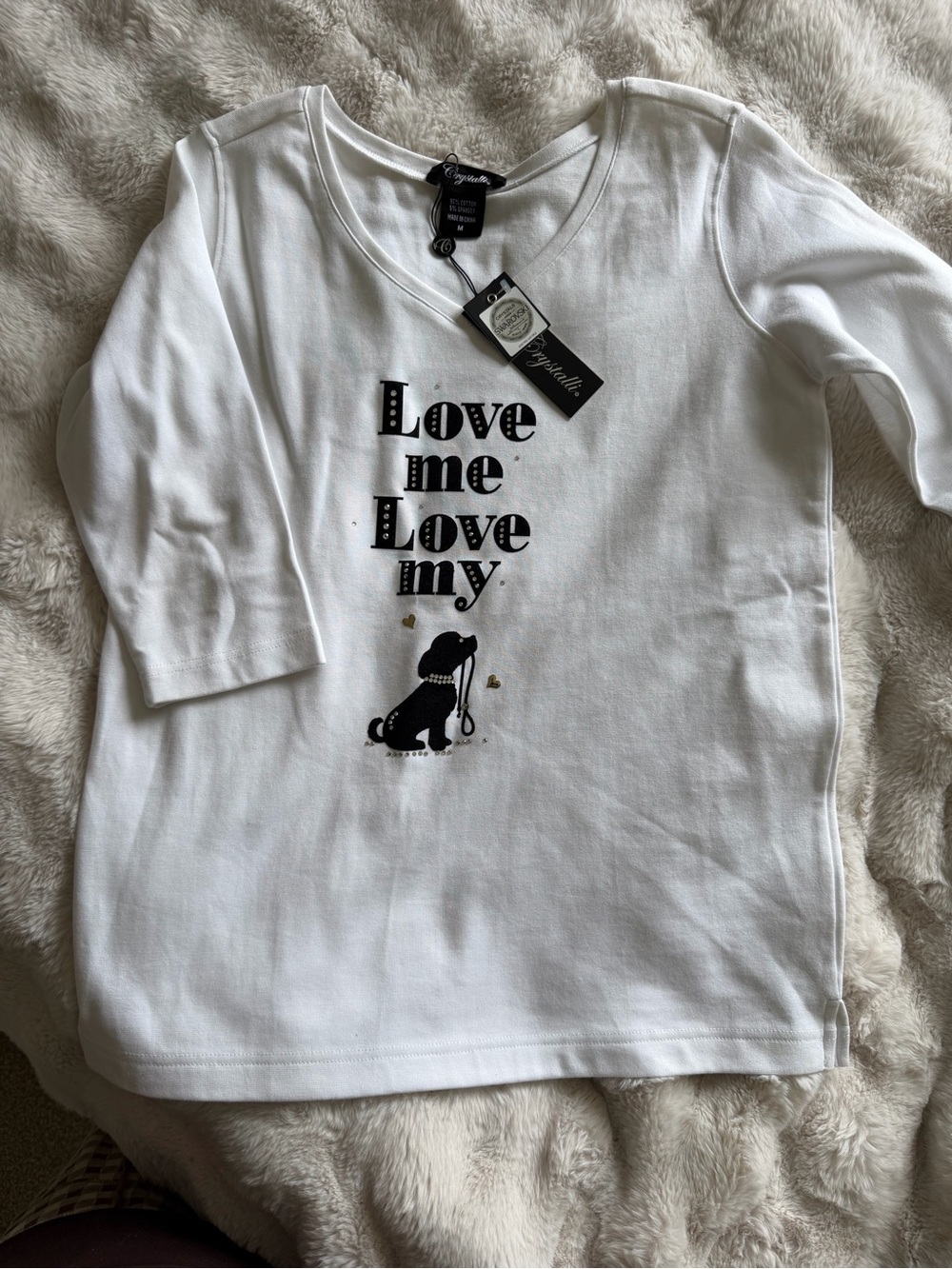 Women’s 3/4 V-neck Tee with Black Dog 'Love Me' Graphic and Swarovski crystals